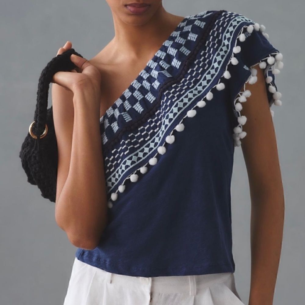 Anthropologie Pom-Tassle One-Shoulder Top | Size: Small | Color: Blue